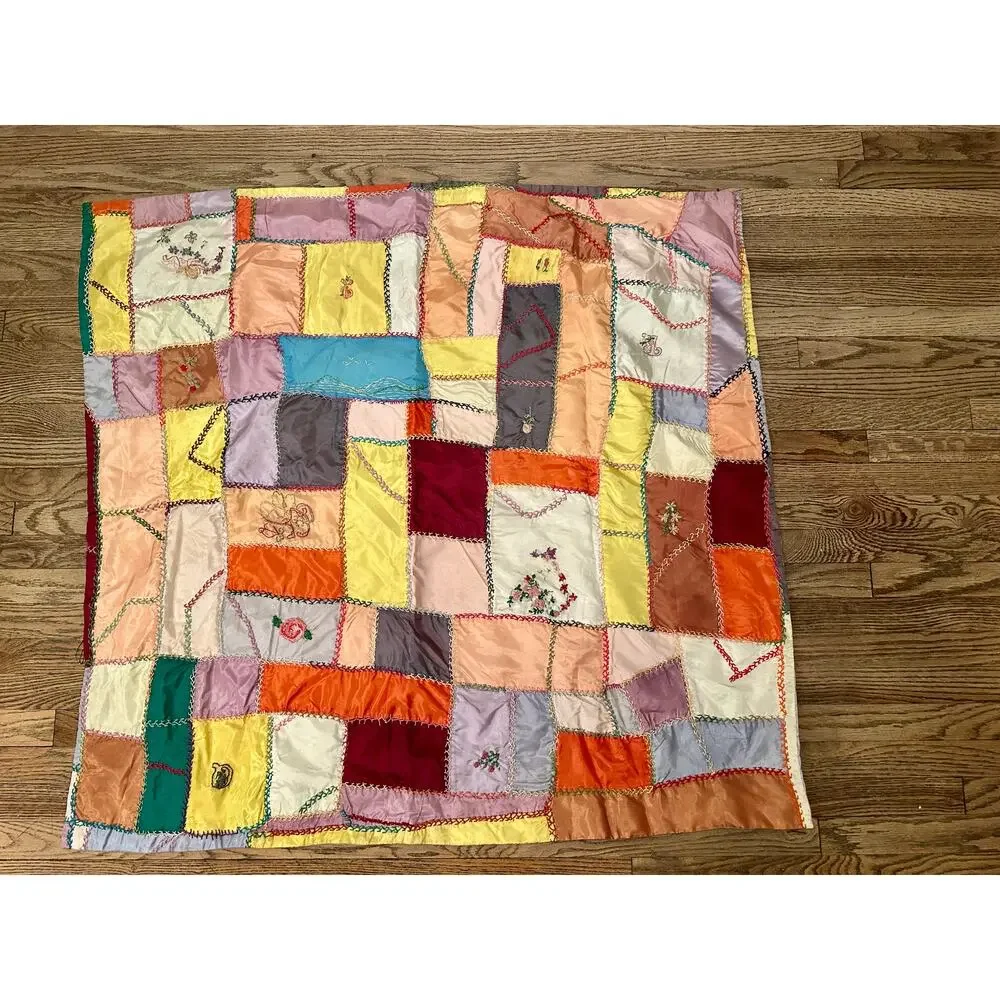 VINTAGE MIDCENTURY MODERN HANDMADE SATIN CRAZY QUILT THROW